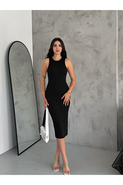 ORZUQLIFE Kadın Siyah Midi Boy Kalem Elbise