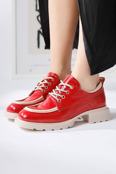 Limoya Niven Red Wrinkled Patent Leather Moccasin with Beige Detail, Women's Loafer Shoes
