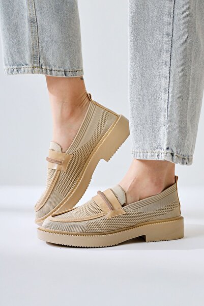 Limoya Micka Beige Knitted Patent Leather Detailed Stone Banded Women's Casual Shoes