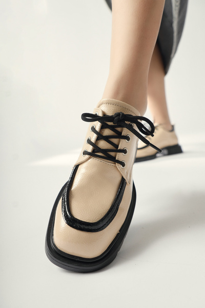 Limoya Niven Beige Wrinkled Patent Leather Black Detailed Moccasin, Women's Loafer Shoes Opportunity Product