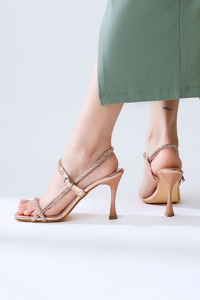 Limoya Hedra Gold Patent Leather Thin Stone Banded Heeled Women's Sandals