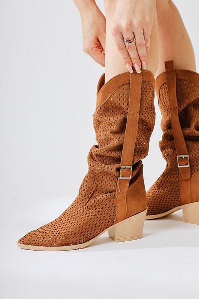 Limoya Καλοκαιρινές γυναικείες μπότες Orietta Tan Suede Laser Cut Bellows