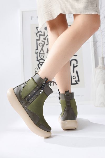 Limoya Maeda Khaki Diver - Stretch γυναικείες μπότες με λεπτομέρεια με συρραπτικό και φερμουάρ