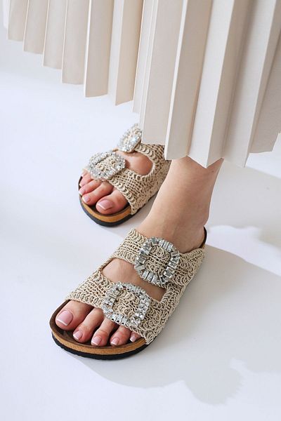 Limoya Ellina Cream, Beige Double Banded Stone Buckle Detailed Knitted Women's Slippers