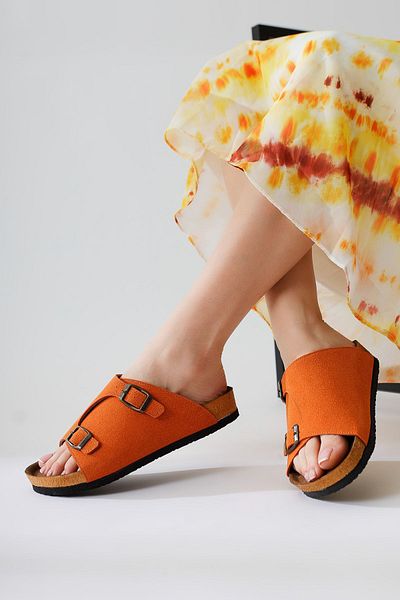 Limoya Genuine Leather Christella Orange, Orange Suede Double Buckle Detailed Women's Slippers