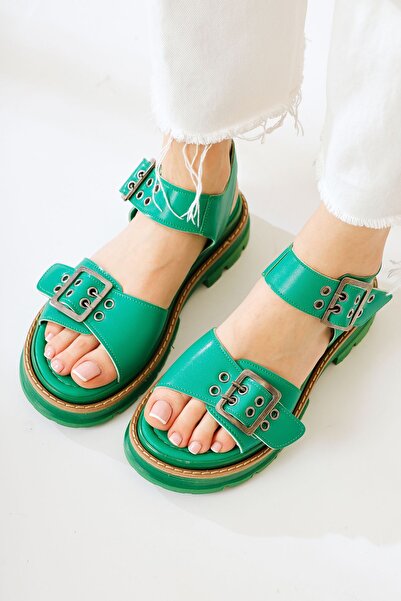Limoya Tamera Green Buckle Detail Thick Soled Women's Sandals Opportunity Product