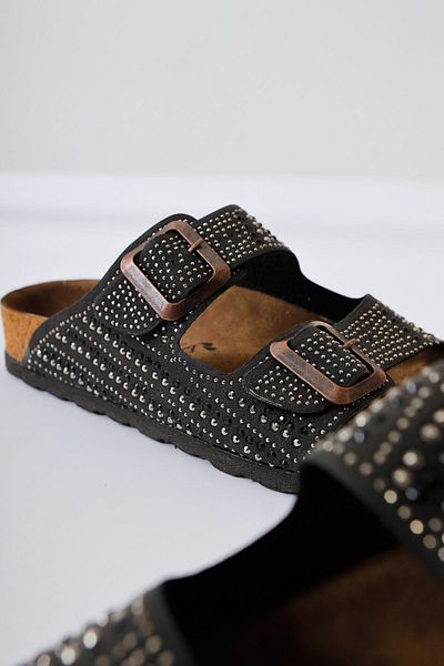 Limoya Aire Beige Double Banded Women's Slippers with Stone Detail