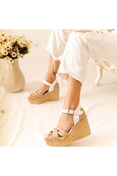 Limoya Margo White Cross Straw Strappy Wedge Heeled Women's Sandals