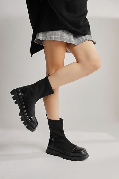 Limoya Ayman Black Diver, Stretch Fabric Patent Leather Λεπτομερείς Γυναικείες Μπότες, Γυναικεία Μποτάκια