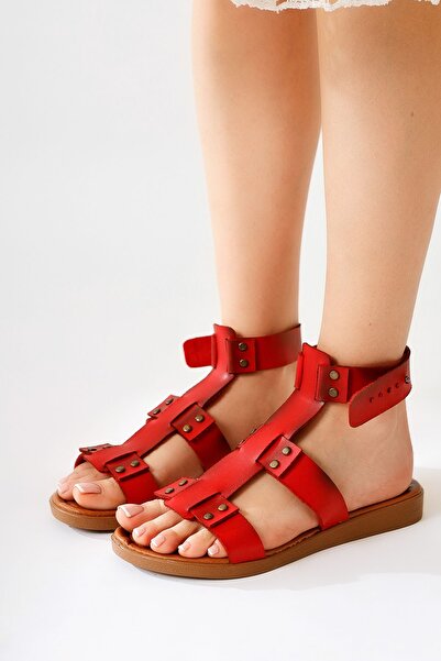 Limoya Genuine Leather Rayen Red Three-Stripe Rivet Detailed Belt Women's Sandals Opportunity Product