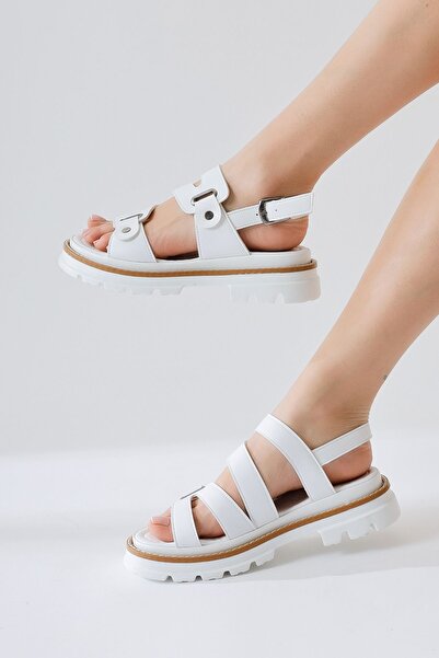 Limoya Aima White Rivet Buckle Detailed Stitched Women's Sandals Opportunity Product