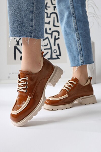 Limoya Niven Taba Wrinkled Patent Leather Beige Detailed Moccasin, Women's Loafer Shoes Opportunity Product