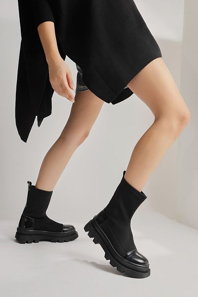 Limoya Ayman Black Diver, Stretch Fabric Patent Leather Λεπτομερείς Γυναικείες Μπότες, Γυναικεία Μποτάκια