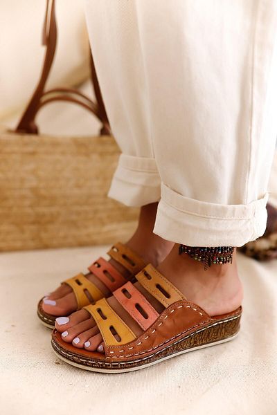 Limoya Genuine Leather Joelle Brown Mustard Orange Comfort Laser Cut Women's Slippers
