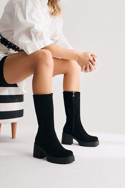 Limoya Roseann Μαύρες Suede Μακριές Γυναικείες Μπότες με Πλατφόρμα Χοντρή Σόλα, Γυναικείο Μποτάκι