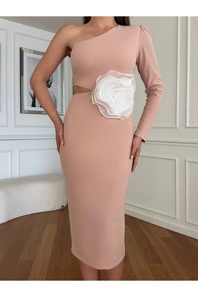 1Moda1Tarz Γυναικείο φόρεμα σε χρώμα πούδρας - Εισαγόμενο ύφασμα κρεπ, τριαντάφυλλο και λεπτομέρεια χαμηλής κοπής στη μέση