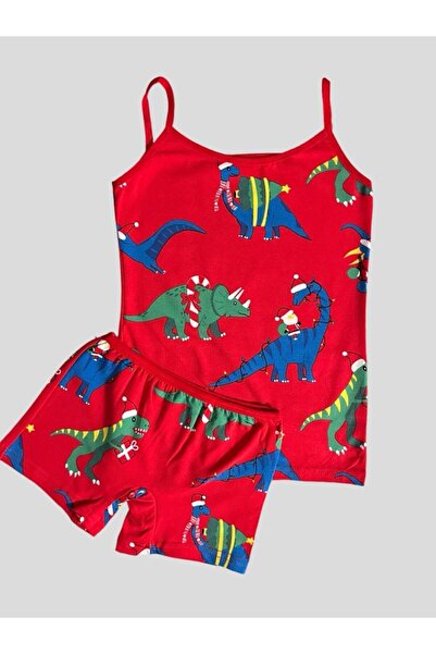 elmas kids Girl's Cotton Dinosaur Patterned Red Tank Top Boxer Set