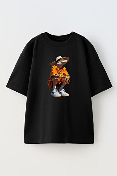 NMG TEKSTİL تي شيرت قطني أسود كبير الحجم مطبوع عليه تمساح برتقالي للجنسين