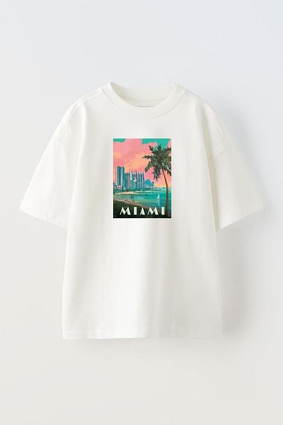 NMG TEKSTİL Λευκό Oversize Cotton - Μπλουζάκι με στάμπα με σχέδιο Miami Beach