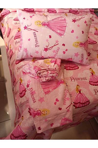 ŞENER HOME Girl's Princes Patterned Bed Sheet Elastic Single Pique Set - Pink