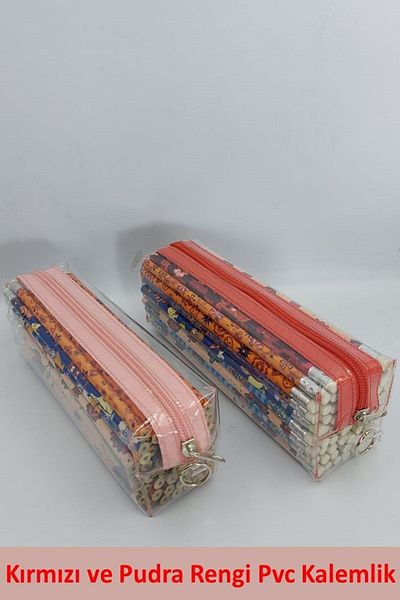Togin Transparent PVC Pencil Case Single Compartment Transparent Pen Holder 1 Powder Color, 1 Red Pen Holder