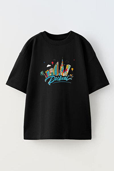 NMG TEKSTİL تي شيرت قطني أسود كبير الحجم مطبوع عليه رسم ملون للجنسين من دبي