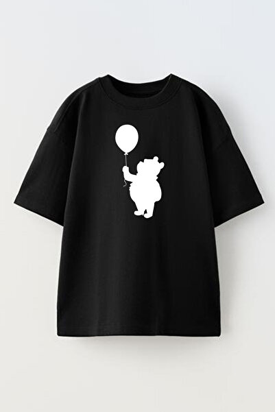 NMG TEKSTİL تي شيرت قطني أسود كبير الحجم مطبوع عليه دمية دب للجنسين