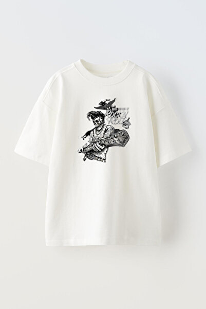 NMG TEKSTİL تي شيرت أبيض كبير الحجم من القطن - تي شيرت مطبوع عليه جمجمة روكن ...