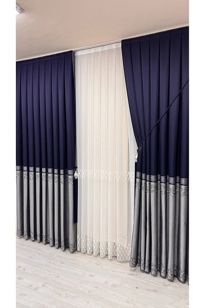 Fon Dünyası Navy Blue Gray Patterned Wallpaper Curtain (Single Wing)