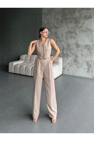 ubmbutik High Waist Palazzo Pants and Short Crop Vest - Striped Women's Set