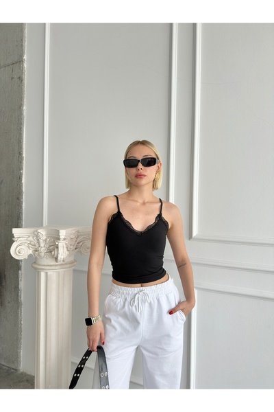Somut istanbul Kadın Siyah  Askılı Dantel Detaylı Croptop Büstiyer