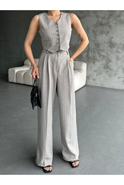 ubmbutik Kadın Takım - Yüksek Bel Palazzo Pantolon - Düğmeli Kısa Crop Yelek - Çizgili İkili Takım