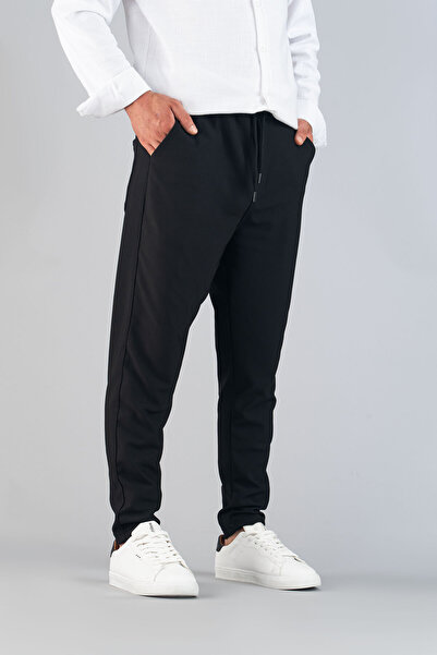 bombe Erkek Siyah Pantolon Beli Lastikli Slim Fit Esnek Likralı Basic Pamuklu Jogger