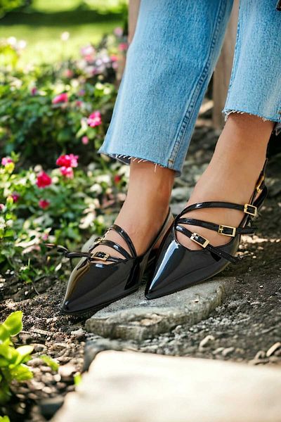 Lideral Open Women's Ballerinas with Belt Buckle Black Patent Leather (I Recommend You to Buy 1 Size Larger)