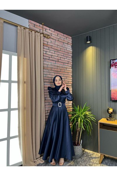 LEİLATELİER Mona Hijab Evening Dress Navy Blue