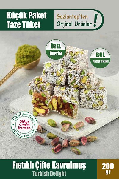 Gaziantep Baharat Double Roasted Turkish Delight with Plenty of Pistachios - Guaranteed 200 Gr Flavor