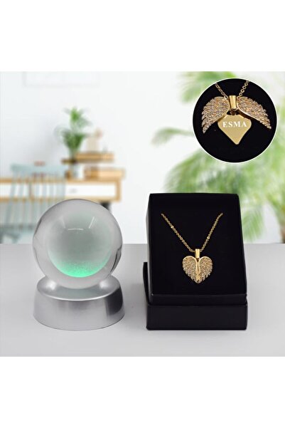keyfim shop Dekoratif  Dolunay 3d Cam Küre Ve İsme Özel melek Kolye Hediyeli