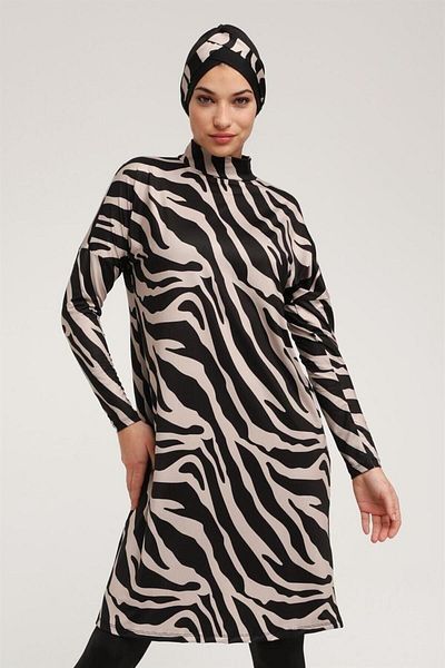 Fitsauna Plus Size Zebra Long-sleeved Model Closed Hijab Swimsuit