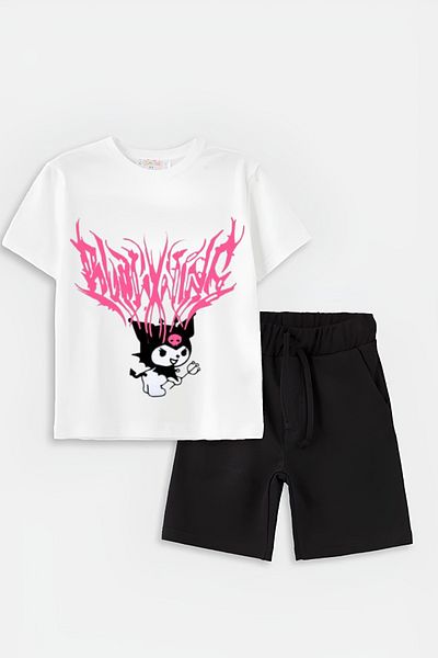 AEMİ Kuromi Printed Children's T-Shirt and Shorts Set - 100% Cotton