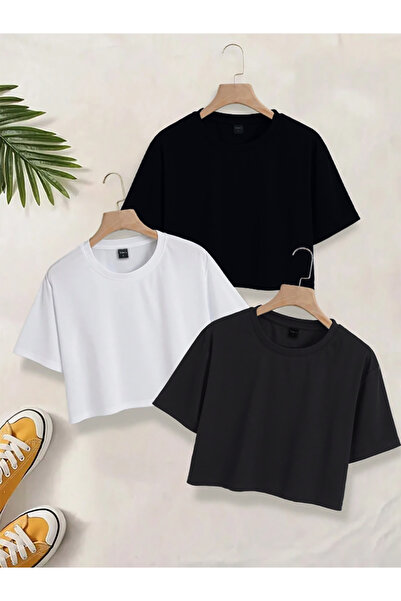 Wens Company 3' lü Crop T-Shirt Bisiklet Yaka Kaliteli