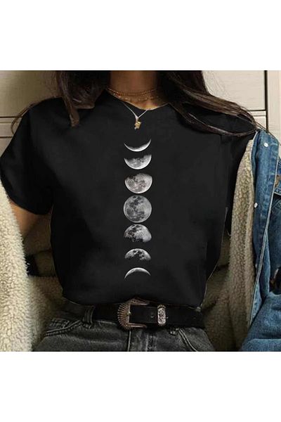 EFFRENATU Large Size Printed Full Moon Phases T-shirt