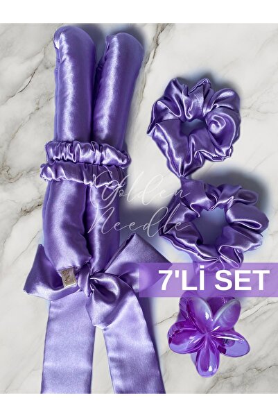 Golden Needle Styler de păr fără căldură Satin Creion de păr Violet- Pachet de 7 cu fundițe Aurii