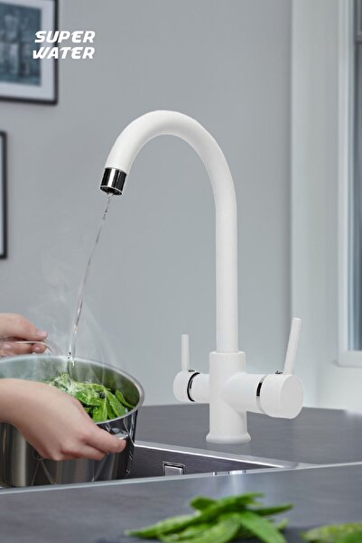 Süper Water Beyaz Kaplamalı Arıtma Çıkışlı 3 Yollu Kuğu Musluk Mutfak Eviye B...