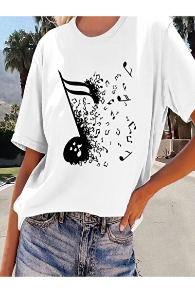 CLASSY.MODA Μπλουζάκι με λευκή στάμπα Oversize - Crew Neck, κοντό μανίκι