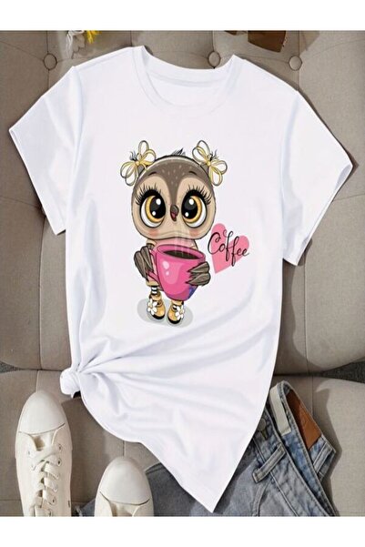 CLASSY.MODA Μπλουζάκι με λευκό εμπριμέ Oversize Ζέρσεϊ - Crew Neck, κοντό μανίκι