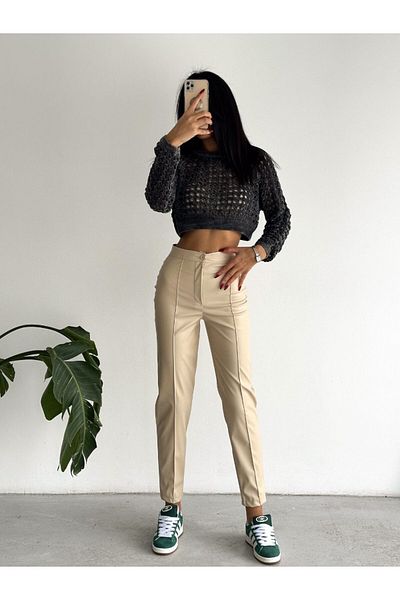 CLASSY.MODA Women's Leather Trousers with Darts on the Front