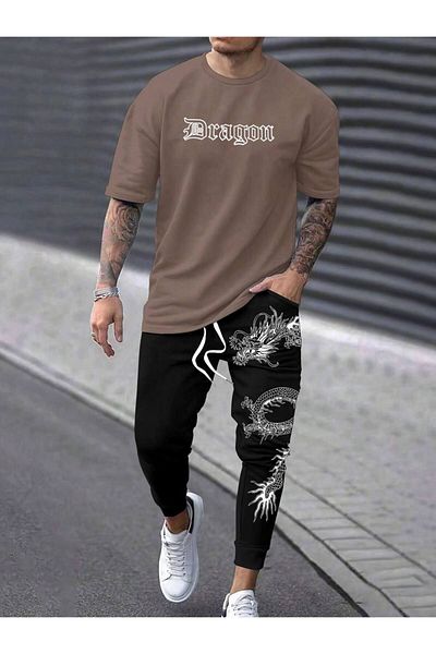 CLASSY.MODA Σετ ανδρικής φόρμας Oversize Japanski Style - Dragon Printed, υφασμάτινο με δύο κλωστές