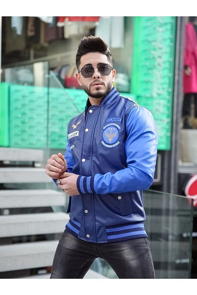 CLASSY.MODA Мъжко кожено яке - с цип - бродирано - високо качество