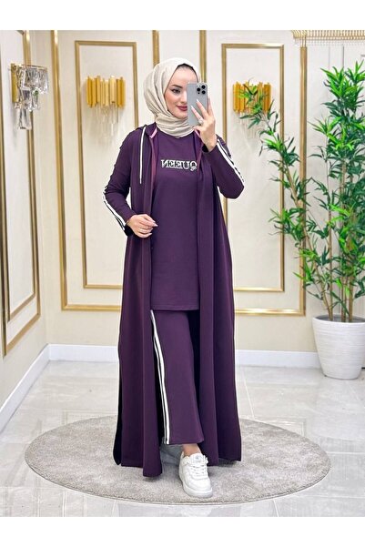 moda4b Γυναικείο σετ χιτζάμπ 3 τεμαχίων, ύφασμα δύο κλωστών n-05115 _ μωβ