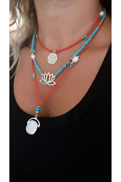 splashtakı 925 Ayar Gümüş Kolye Yaşam Lotus Çiçeği Doğaltaş Sedef Inci Kombin Takı